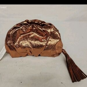 Rebecca Minkoff ruched metallic bronze faux leather clutch handbag rose gold